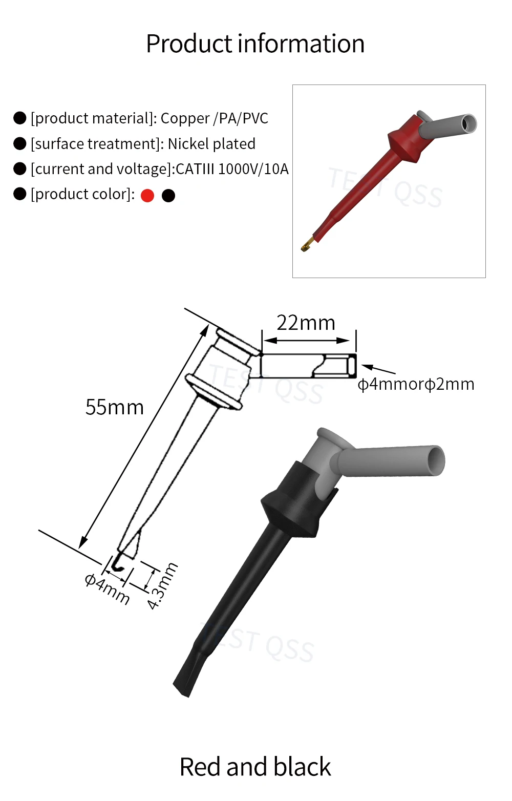 QSS 2 Stück Testhaken-Clips mit Innenfeder und 2 mm Loch, Kupfer-Mini-Grabber für Multimeter-Messleitung, DIY-Werkzeug-Zubehör – Detail 2