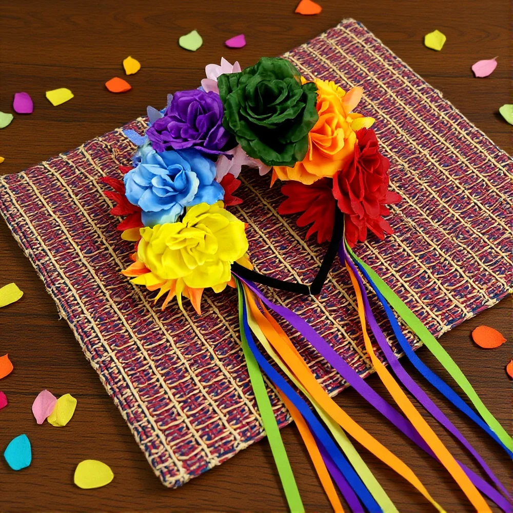 Fascia per capelli con nastro, accessorio floreale artificiale, fascia arcobaleno per capelli, accessori per costumi da donna, per feste e vacanze
