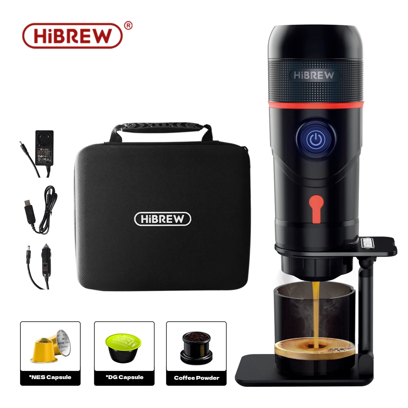 HiBREW Portable Coffee Machine for Car & Home,DC12V Expresso Coffee Maker Fit Nexpresso Dolce Pod Capsule Coffee Powder H4 1