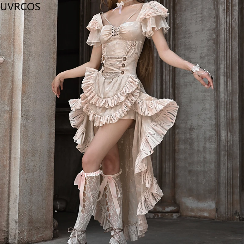 Victorian Sexy Gothic Lolita Dress Set Women Fashion Square Neck