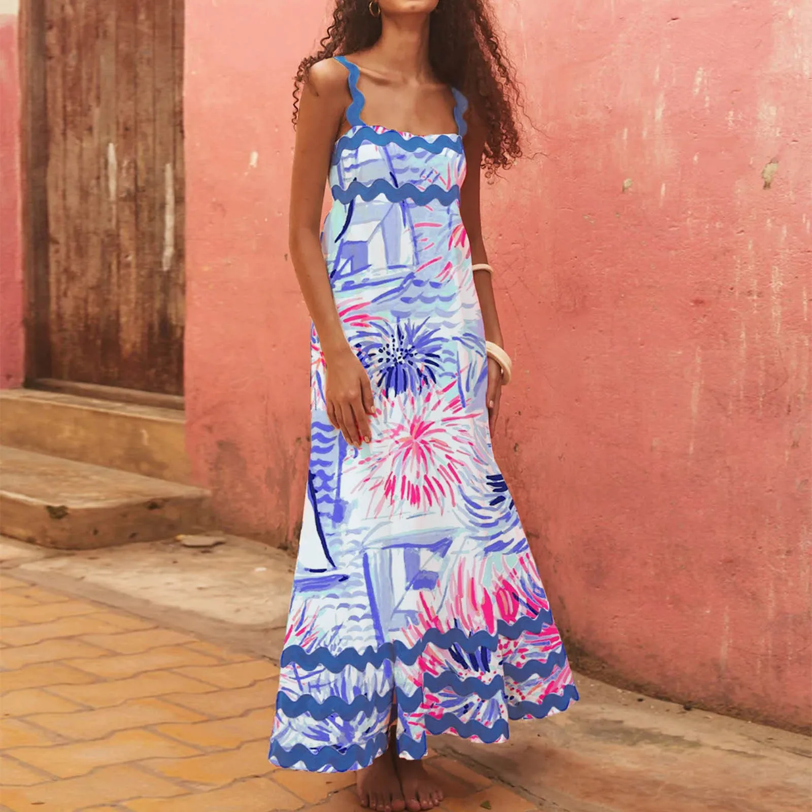 

Vintage Print Spaghetti Strap Midi Dress For Ladies Sexy Off Shoulder Sleeveless Loose Dresses Women Fashion High Street Robes