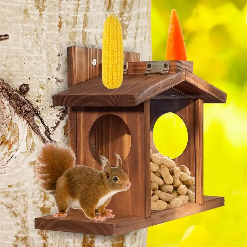 

Wooden Squirrel Feeder Outdoor Hanging Bird Feeder House Corn Storage Box Hut Stand For Yard Garden Park Animal Feeding Tool