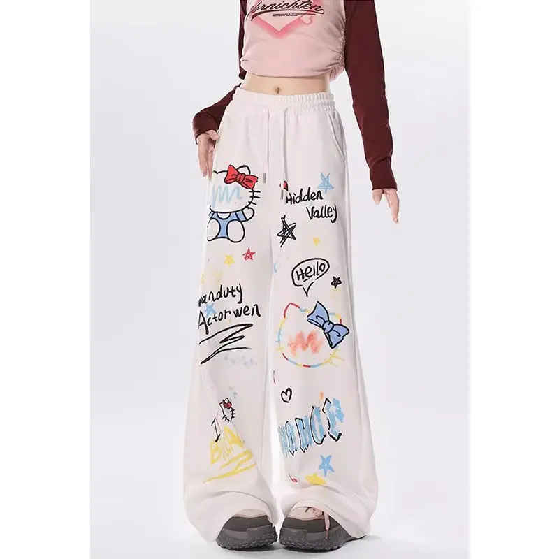 High Street Hip Hop Kitty Cat Sports Straight Pants Women Elastic High Waist Drawstring Pocket Print Letter Casual Trousers 2024