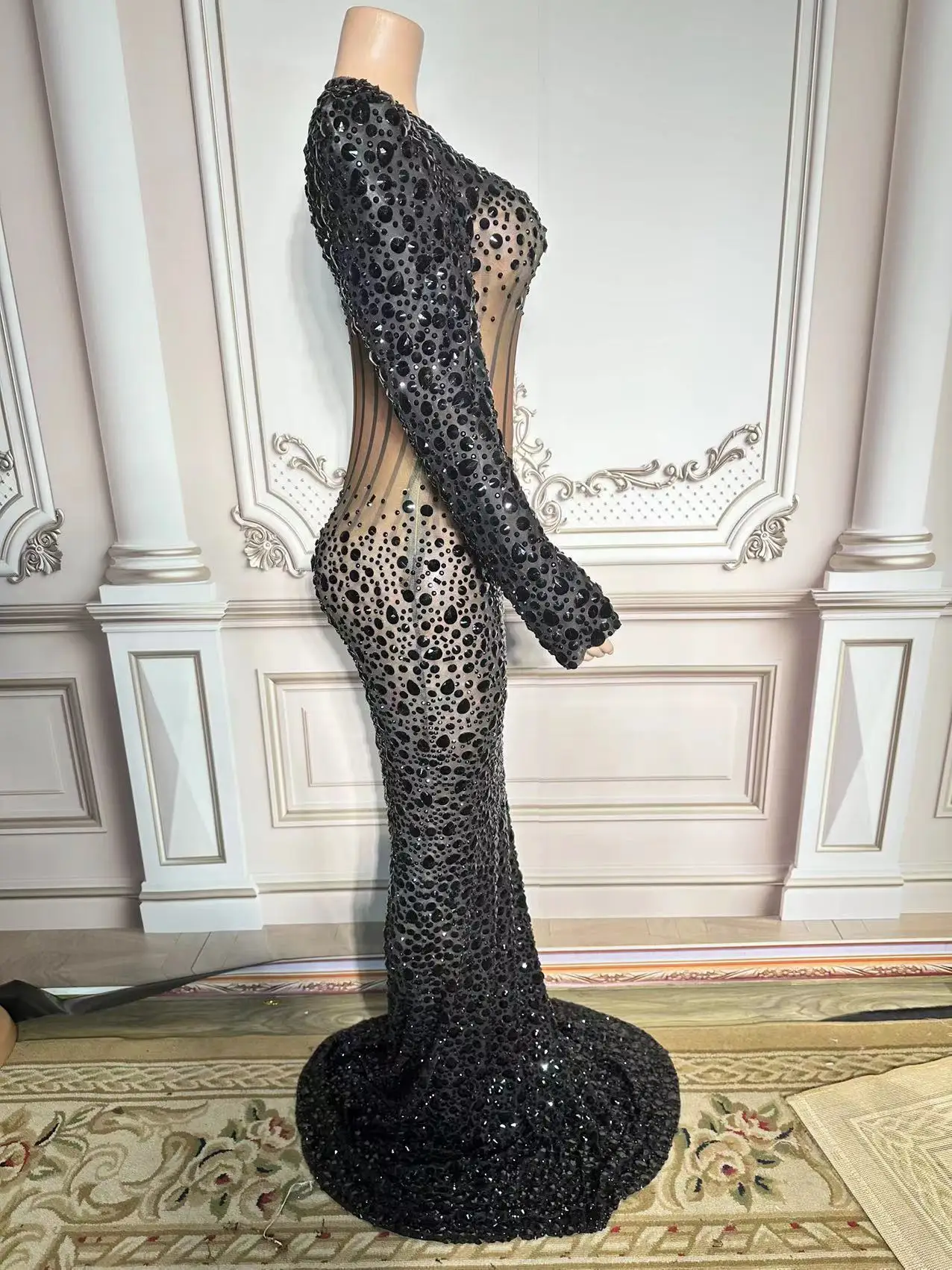 chinese dress ladies Glitter V-Neck Long Sleeves Black Squins High Split Plus Size Prom Dress
