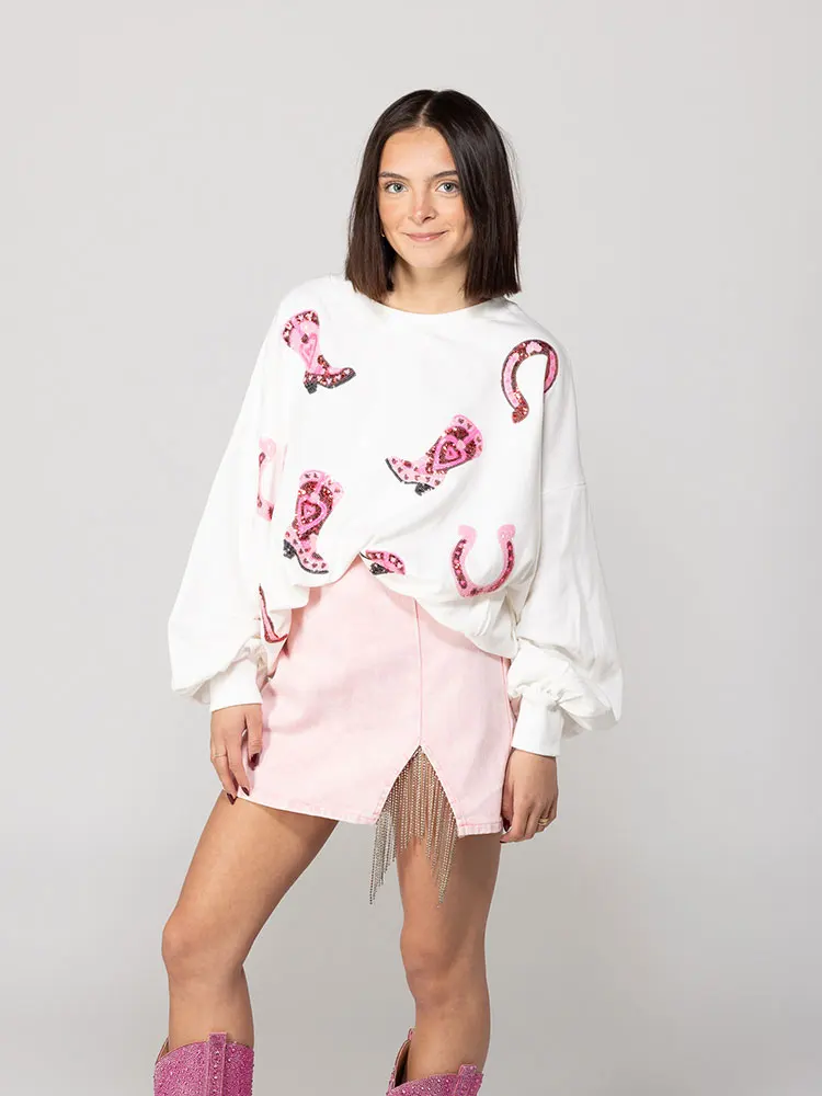 Sequins Boots Loose Sweatshirt, Casual Crew Neck Valentine's Day Long Sleeve Sweatshirt, Women's Clothing