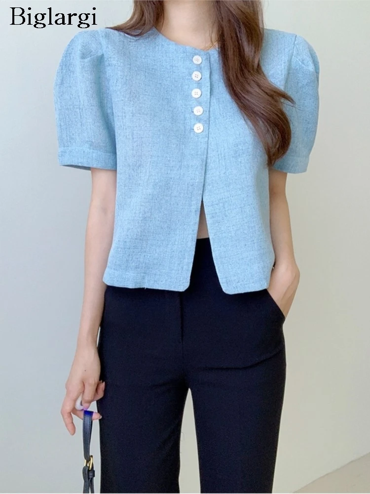 

Летние хлопковые льняные Рубашки, Топы, женские повседневные модные укороченные блузки с коротким рукавом-фонариком, свободные женские рубашки в Корейском стиле, пальто