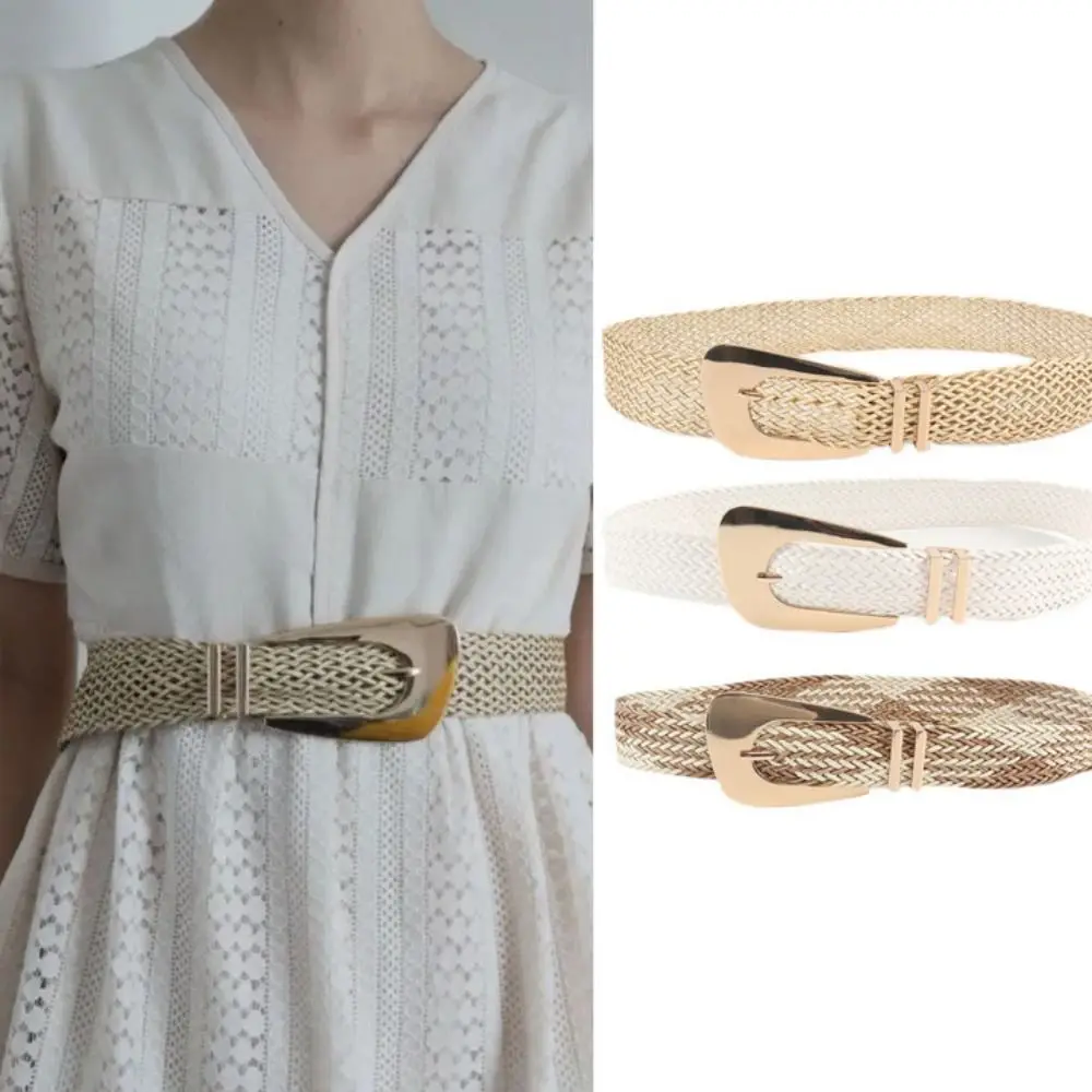 

Metal Weave Waist Band New Retro PP Grass Pin Buckle Waistband Hand Woven Gold Braided Thin Belt Women