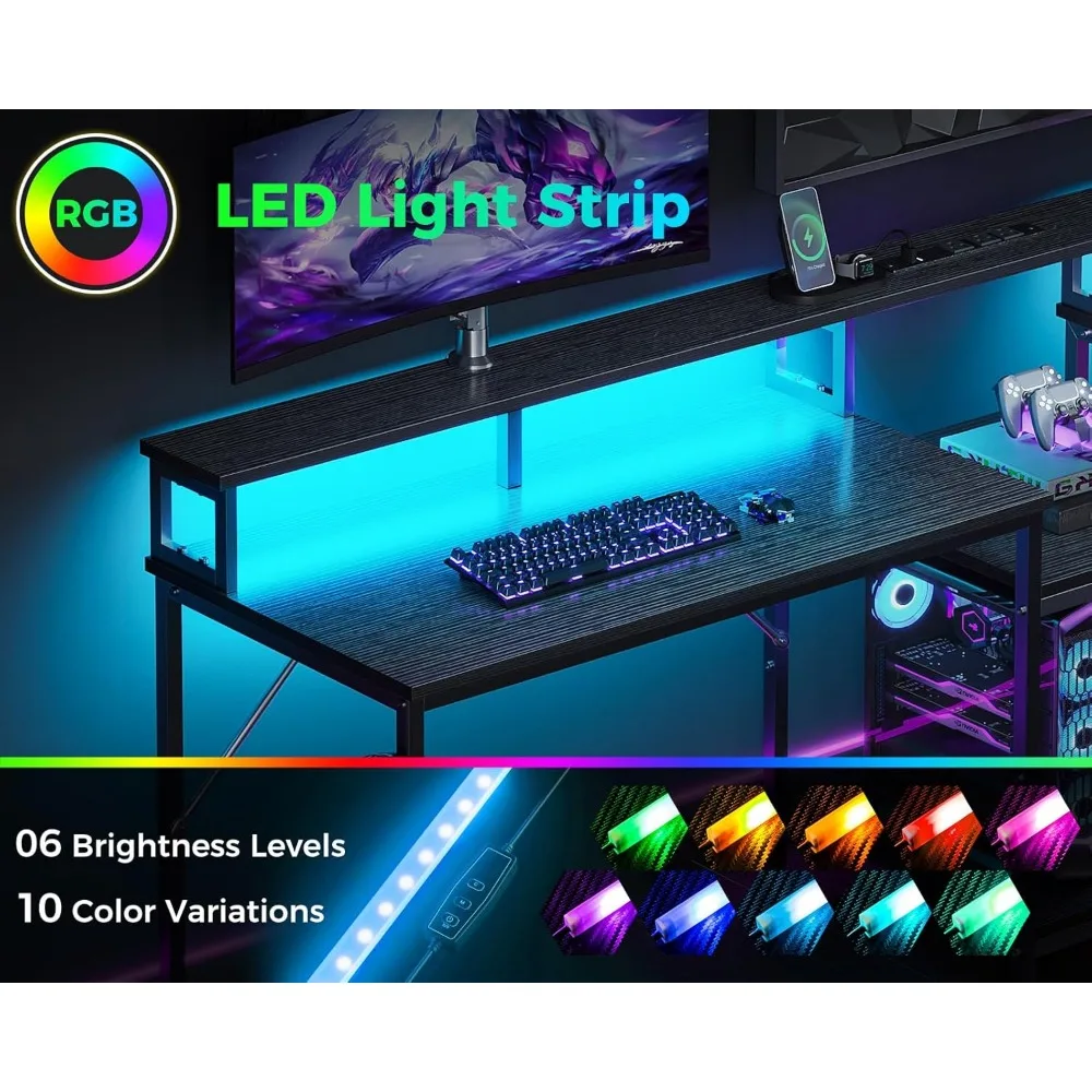 98 Inch 2 Person Gaming Desk with Storage Shelves- Long Double Home Office Computer Desks with USB Charging Port & LED Lights 5