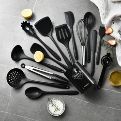 15 - Piece Khaki Silicone Kitchen Utensil Set - Premium Cooking Tools Collection (Black)