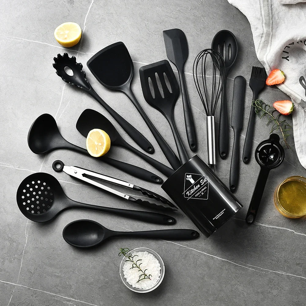 Utensilios de cocina de silicona de calidad alimentaria, color caqui, espátula giratoria, cuchara para sopa, herramienta de cocina práctica, juego de utensilios de cocina, 15 Uds.