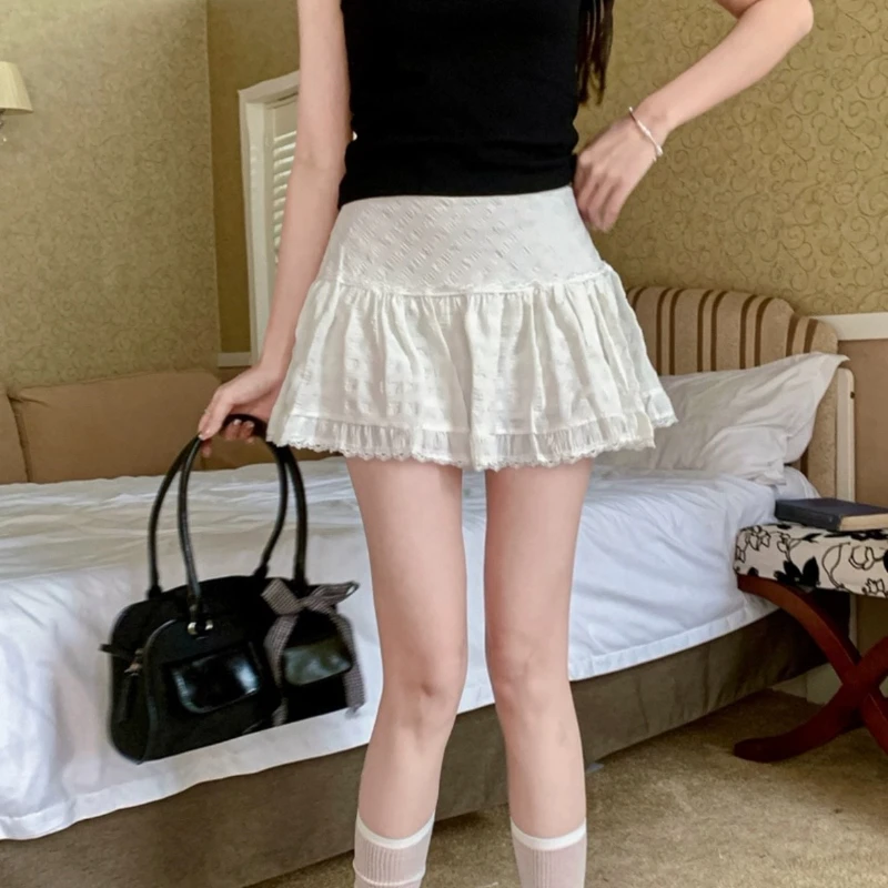 Deeptown Ruffle Lace Mini Skirt White Fairycore Sweet Korean Style Layered Tulle Short Skirts Cute Casual Texture A-line Skirt