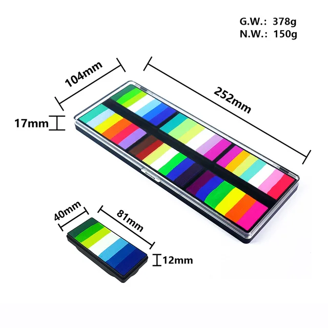 Palette de peinture qualifiée ale professionnelle 2 en 1, 12 couleurs arc-en-ciel, activées par l'eau, pour art corporel 1