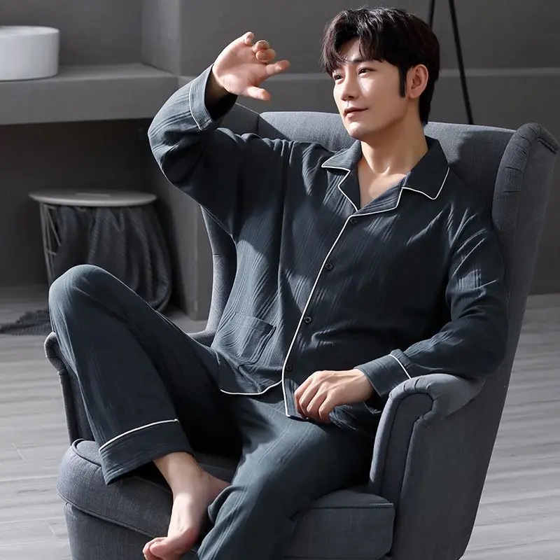 2024 New Fashion Youth Spring Autumn Pajamas Outfit Men's Simple Long Sleeve Sleepwear Cardigan Boys Plus Size Loungewear Set