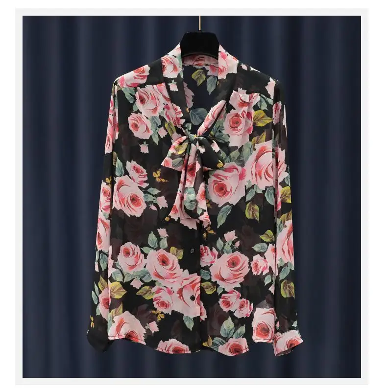 2023 New Spring and Summer European Fashion Trend Temperament Printed V-neck Ribbon Commuting Casual Loose Fitting Women's Shirt
