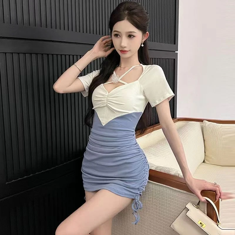 

2024 Summer Short Sleeve Sexy Backless Nightclub Mini Dress for Women Korean Fashion Slim Fit Temperament Elegant Wrap Hip Dress