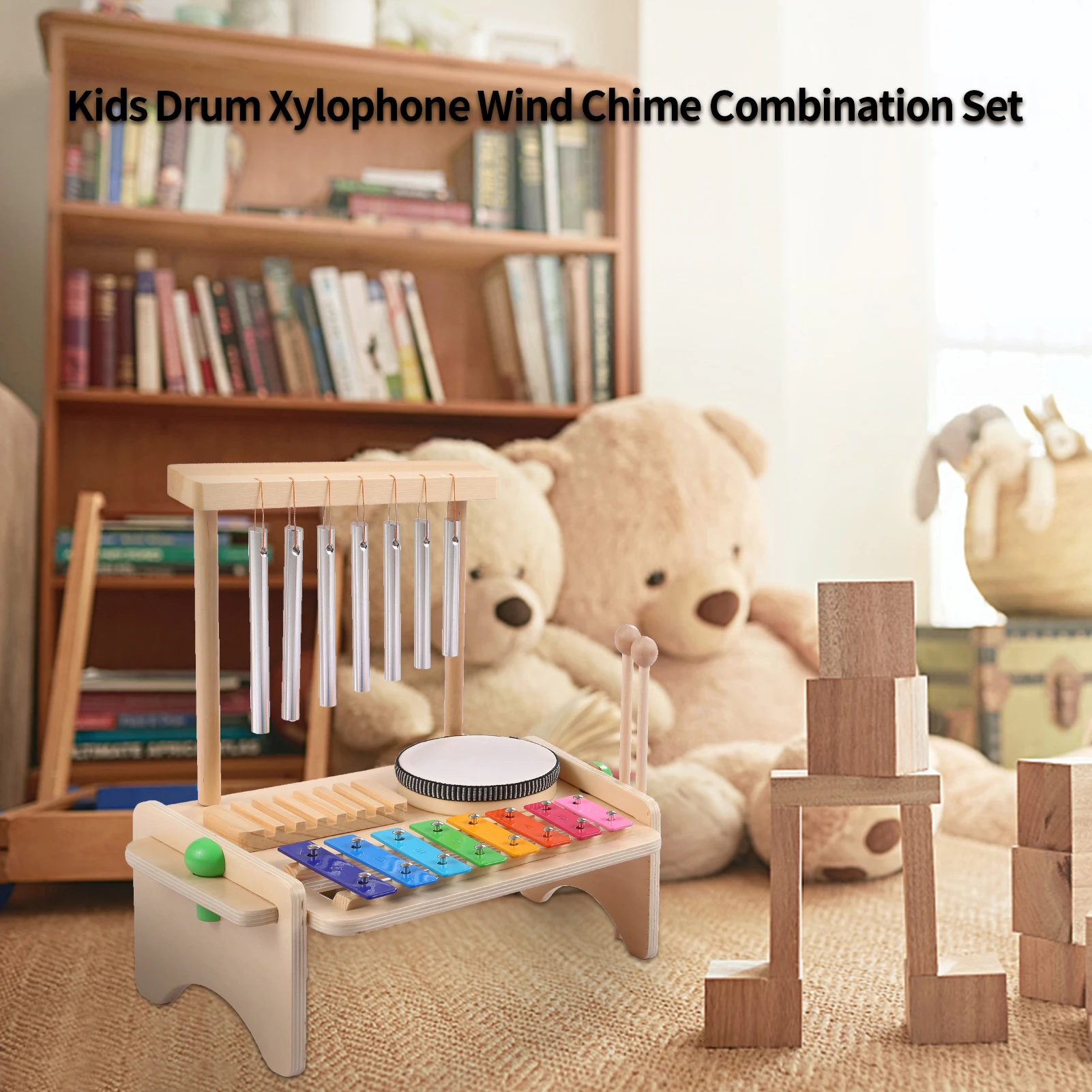 Wind Chime Combination Set Kids Drum Set Xylophone Drum Wood Guiro Scraper 4-in-1 Musical Instruments for Kid Gift Musical Percussion Toy Guiro Scraper