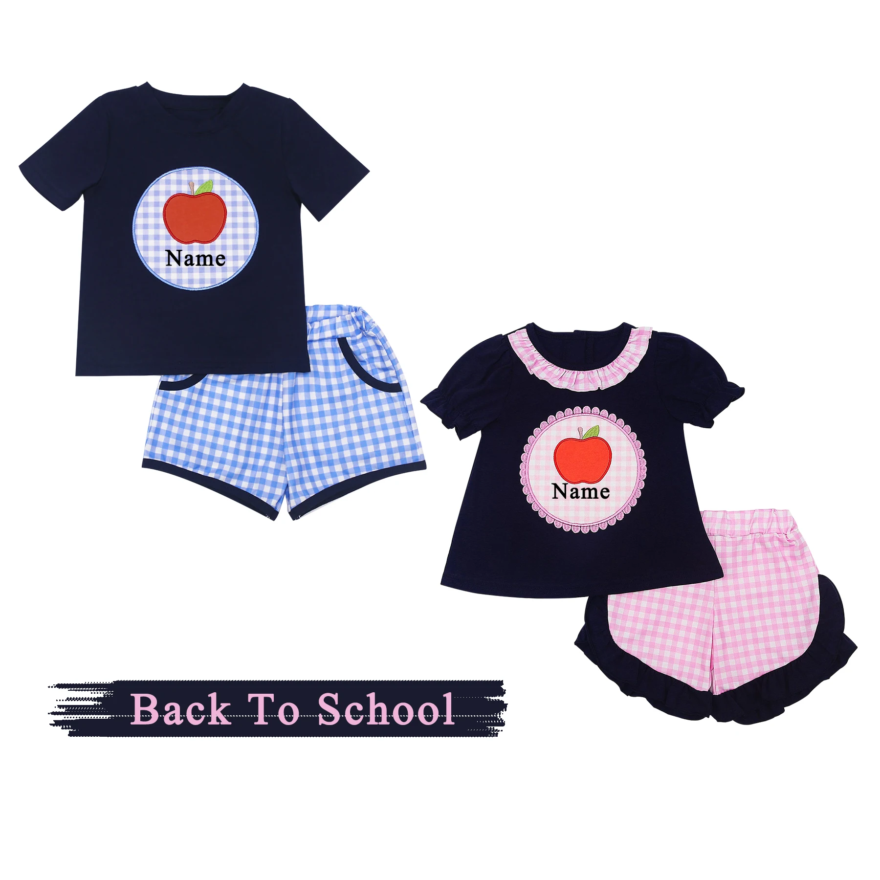

Back To School Baby Girl Clothes Set 2pcs Pink Suit Apple Custom Name Embroidery Bodysuit 1-8T Pink T-shirt Bluey Outfits Shorts