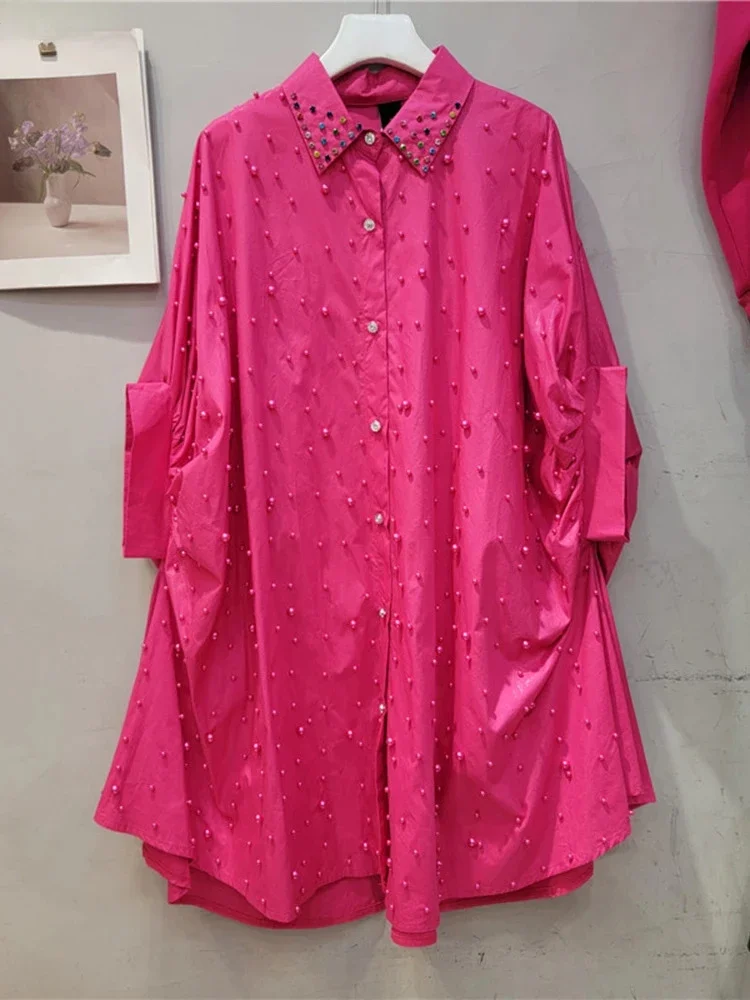 European Style Beading Bat Sleeve Loose Casual Shirt Street Fashion Mid Length All Match Top Women 2024 New Spring Autumn