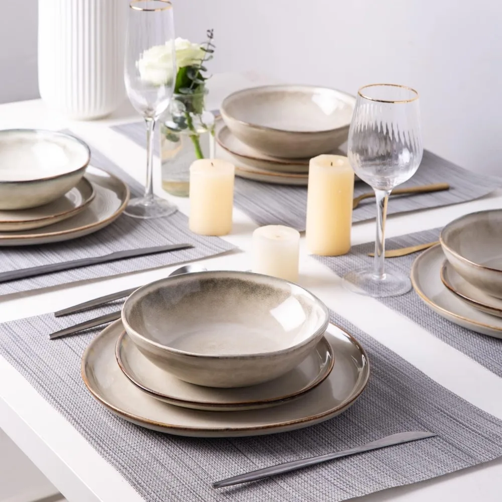 AmorArc Ceramic Dinnerware Sets,Handmade Reactive Glaze Plates and Bowls Set,Highly Chip and Crack Resistant Dishwasher