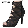 Latin Dance Shoes Women's Salsa Tango Ballroom Party Dance Boots Black Breathable Women's High Heel Dance Sneakers