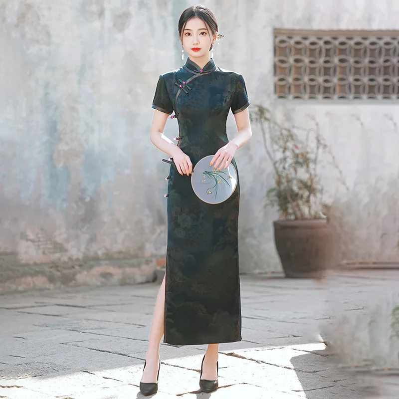 

Elegant Short Sleeve Handmade Button Satin Long Style Cheongsam Women Chinese Mandarin Collar Qipao Dress