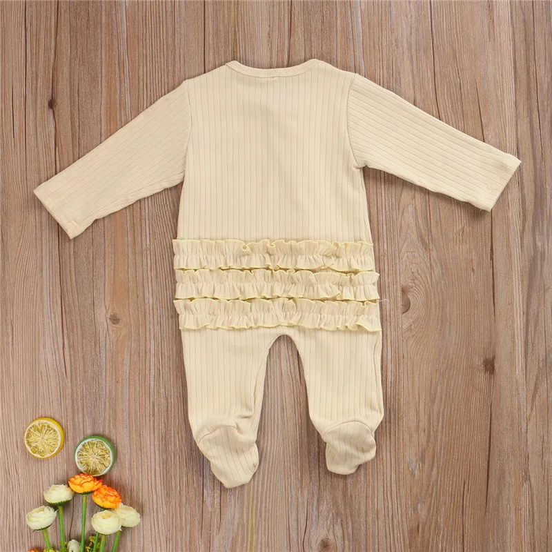 0-6months Newborn Girls Footed Pajamas Round Neck Zipper Footed Jumpsuit For Baby Girls Solid Color Ruffle Nightclothes Rompers