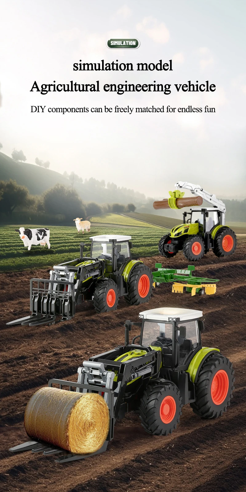 Tracteur Agricole Télécommandé 1:24 Avec Double Batterie - Jouet Enfant Vert