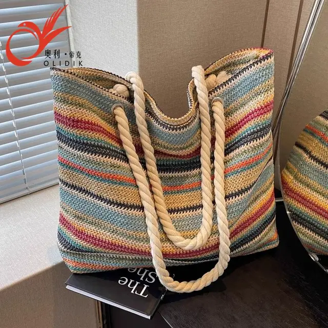 OLIDIK seaside vacation straw bag women's large capacity rainbow woven tote bag going out commuting shoulder 1