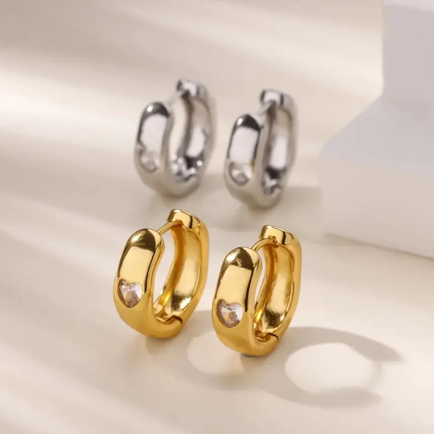 Zircon Heart Hoop Stud Earrings Women Stainless Steel