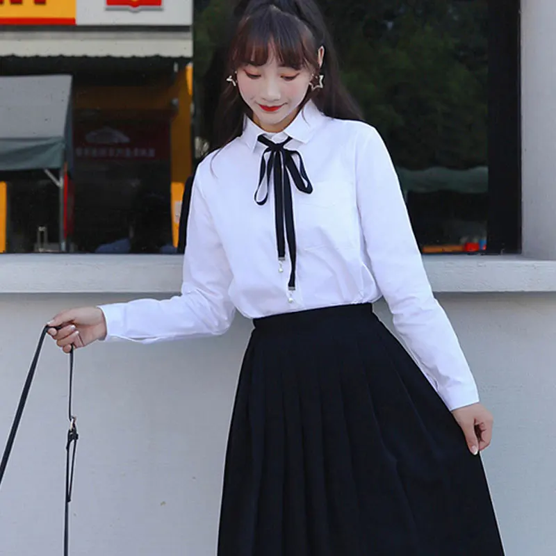 

Cotton shirt women's bow loose tie spring and autumn long-sleeved formal white shirt
