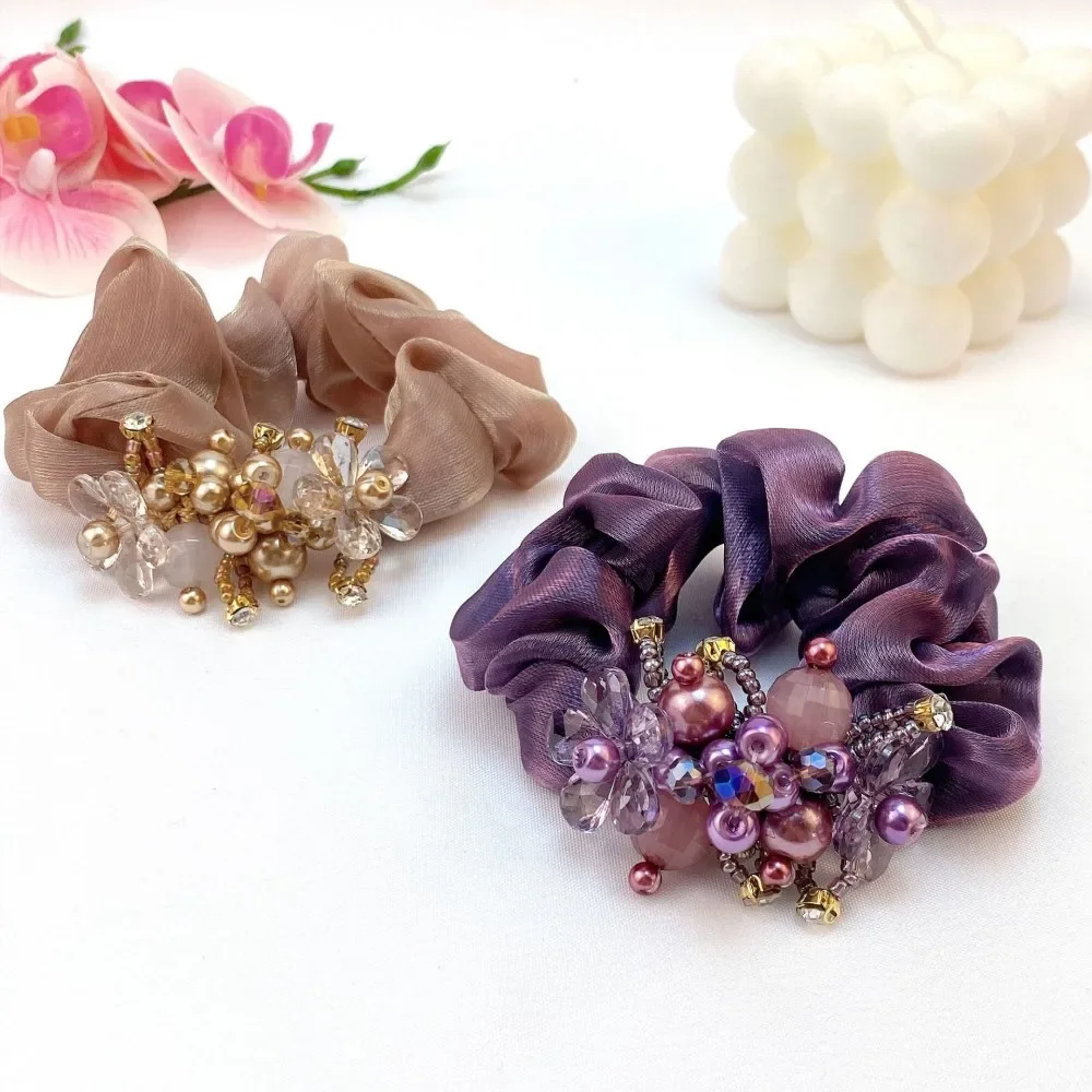 High Elastic Organza Large Intestine Hair Ring Female Starry Pearl Hair Rope Ponytail Braid Headdress Flower  Scrunchies 머리끈 summer organza neck collar pearl pendant ruffle lace scarf women elastic loop scarf multi functional neck wrap bandana headband