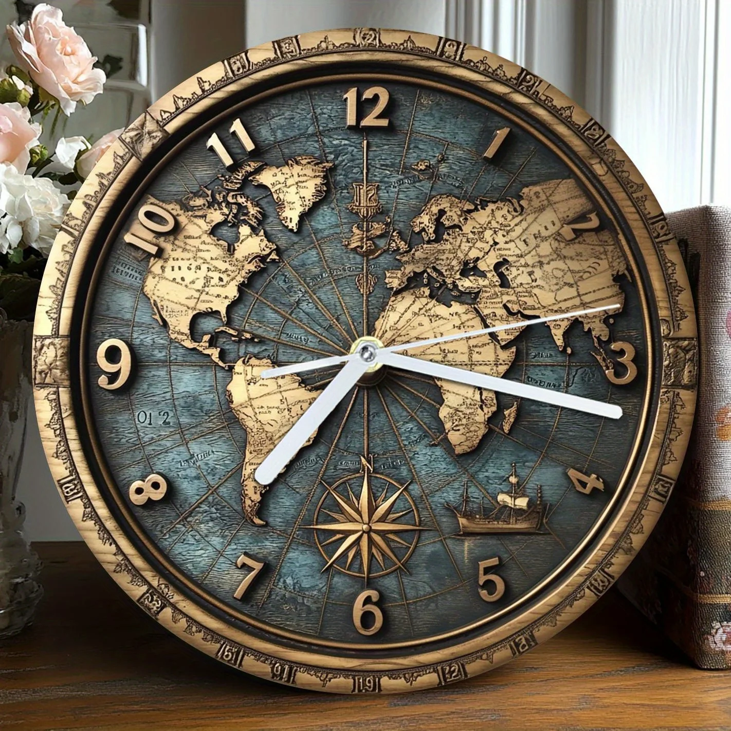 Yelkenli Temalı Denizcilik Ahşap Duvar Saati Mavi Dekor Çiftlik Evi Sessiz Yuvarlak Saat Mutfak Cafe Tatil Hediyesi