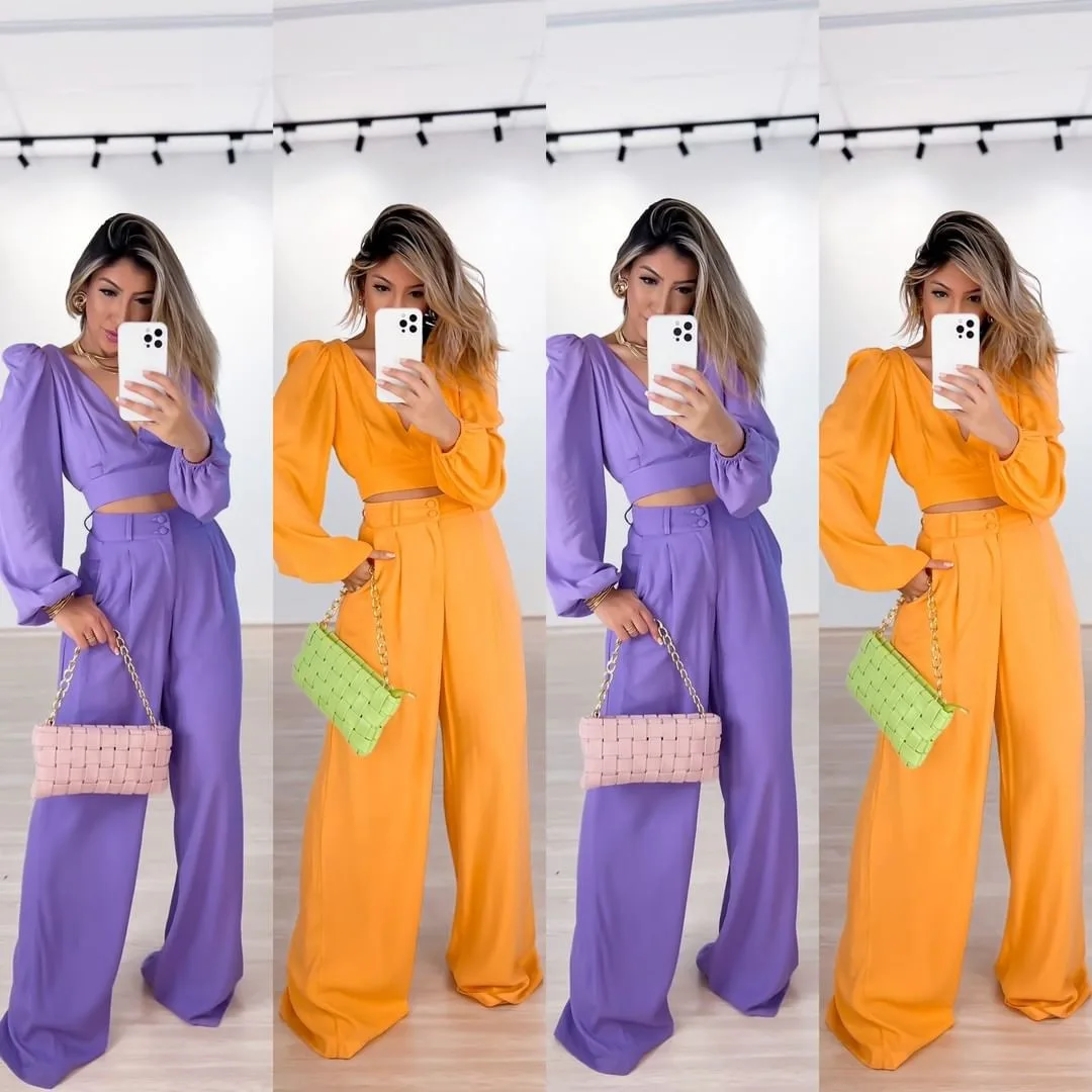 Set For Women 2023 Autumn New Cropped Top V-neck Backless Sexy Suit Fashion Casual Ladies Loose Wide Legs Trousers Suits MsChuh