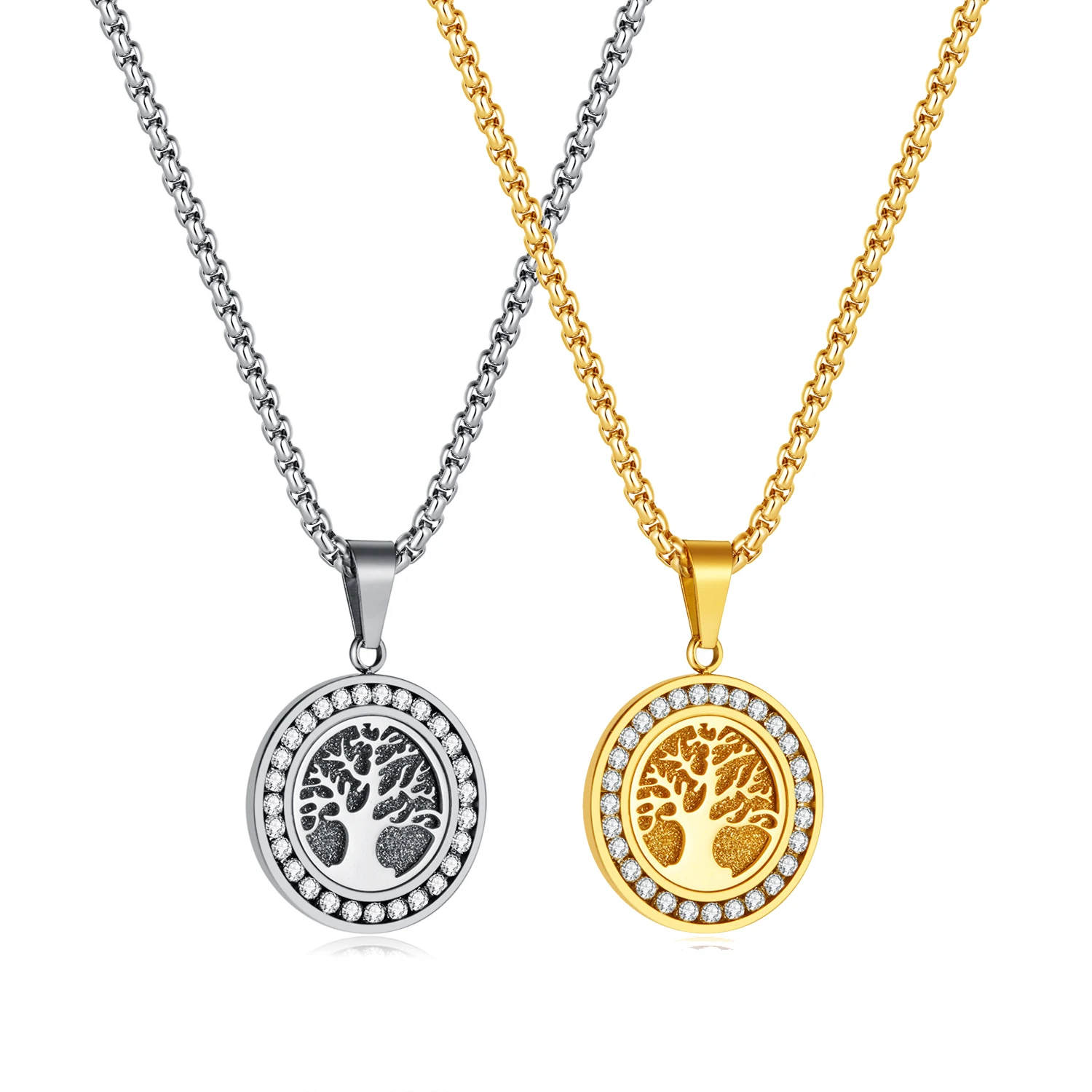 

New Stainless Steel Hollow Round Zircon Tree of Life Pendant Vintage Titanium Steel Men's Necklace Fine Gifts