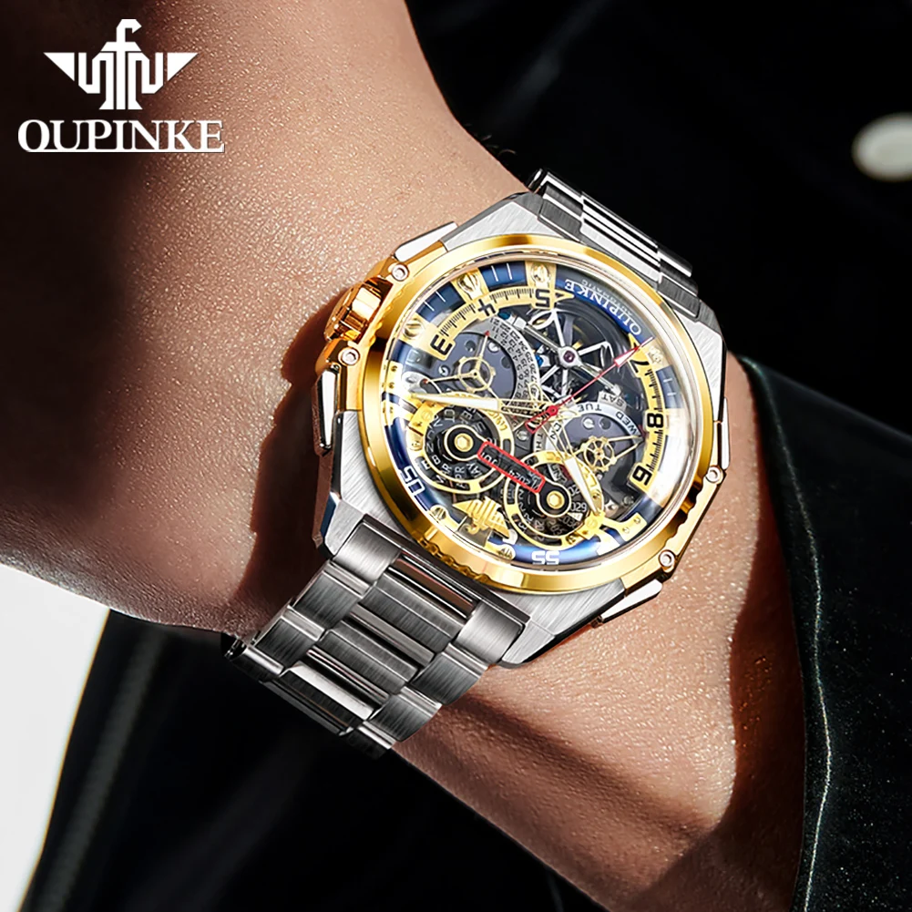 OUPINKE 3266 Automatic Man Watch Skeleton Flywheel Mechanical Watch For Men 45mm Big Dial 50M Waterproof Luxury Men's Watches