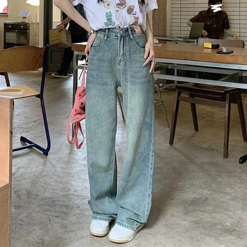 

Джинсы женские с завышенной талией, винтажные мешковатые брюки с широкими штанинами в стиле Харадзюку, уличная одежда в стиле Y2k, синие джинсовые штаны, одежда