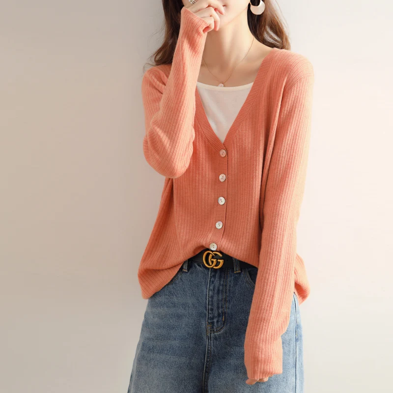 

Spring And Autumn New 100% Pure Wool Women's Thin V-Neck Knitted Cardigan Loose Fashion Long-Sleeved Slim Fit All-Match Top