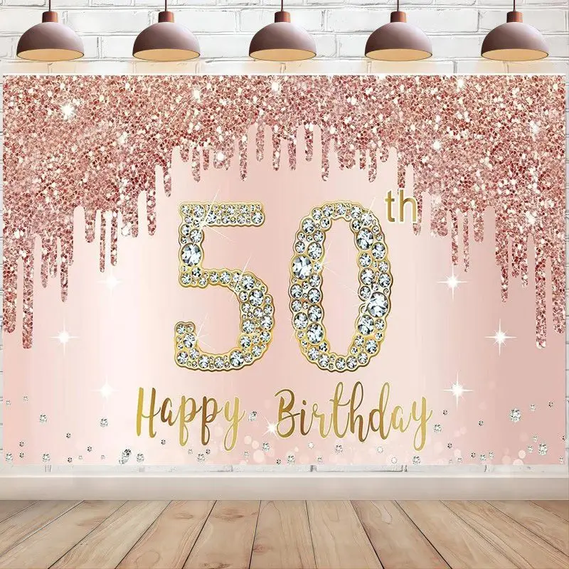 Happy 50Th Birthday Banner Sfondo Decorazione Per Le Donne Oro Rosa 50 Forniture Per Cartelli Rosa Fifty Sfondo Photo Booth Puntelli