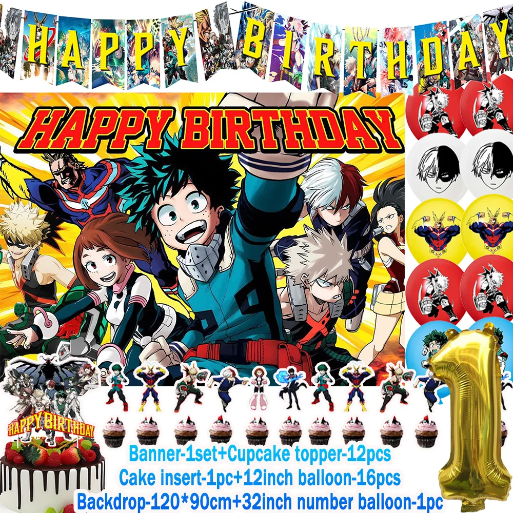 Anime My Hero Academia Theme Kids Birthday Party Decorations Set - Balloons, Cake Topper, Banner, Backdrop, and Baby Shower Props