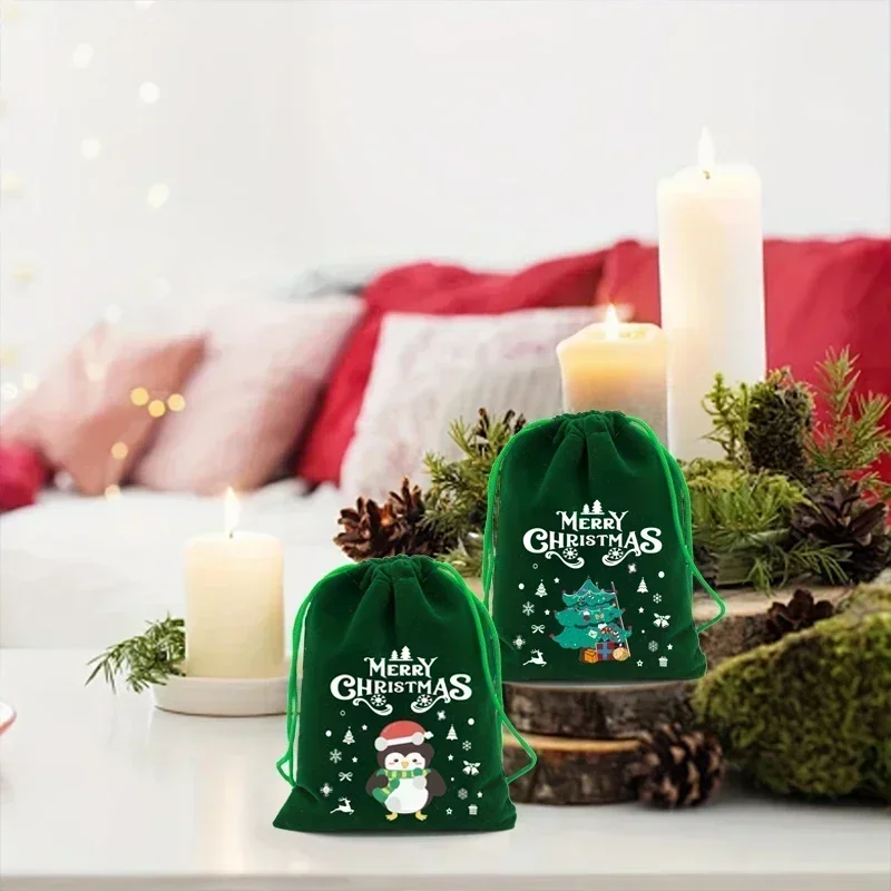 10Pcs Green Storage Fleece Green Drawstring Bags Candy Gift Bags Jewelry Packaging New Year Party Favors