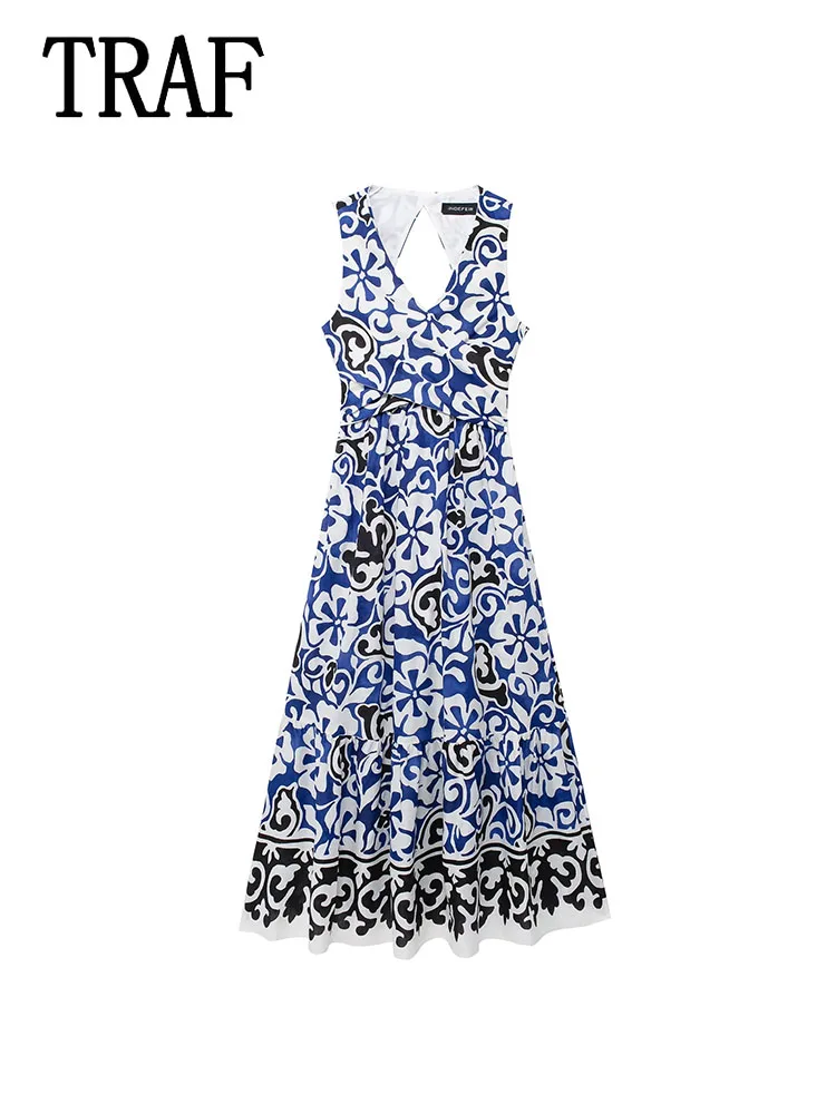 

TRAF New Knot Embellished Printing Midi Casual Dresses Women 2024 Dress Summer Dress Streetwear Dress