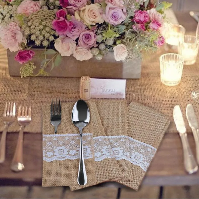 

50Pcs Burlap Lace Cutlery Pouch Wedding Tableware Holder Bag Party Supplies Hessian Rustic Jute Table Decoration Accessories