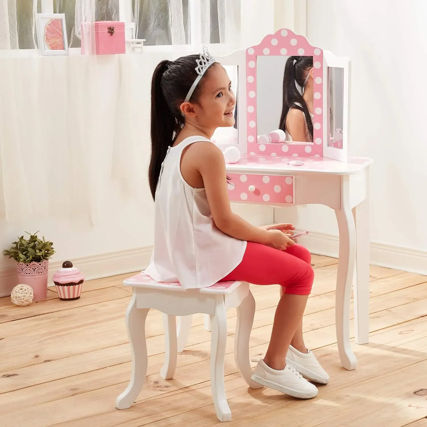 Kids Princess Gisele Polka Dot Print 2-Piece Kids Wooden Play Vanity Set with Vanity Table, Tri-Fold Mirror, Storage Dra 2