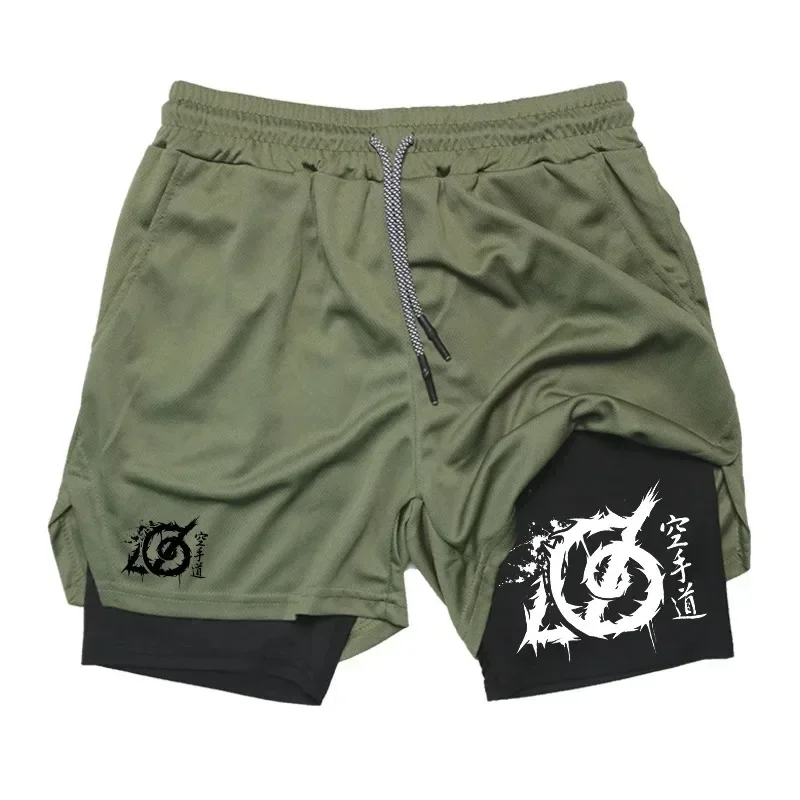 Karate Graphic Quick Dry 2 in 1 Workout Running Shorts Men Gym Athletic Sport Shorts with Compression Phone Pocket Towel Loop