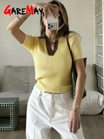 T-shirt élégant en tricot pour femme, jaune, manches courtes, style polo, 100% coton, haut d'été pour femme, Y2k, rose basique, t-shirt pour femme 6