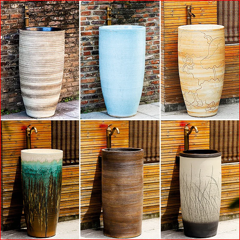 

Wash Basin Ceramic Pillar Basin Basin Art Retro Integrated Floor Balcony Bathroom Outdoor One-Piece Washbasin