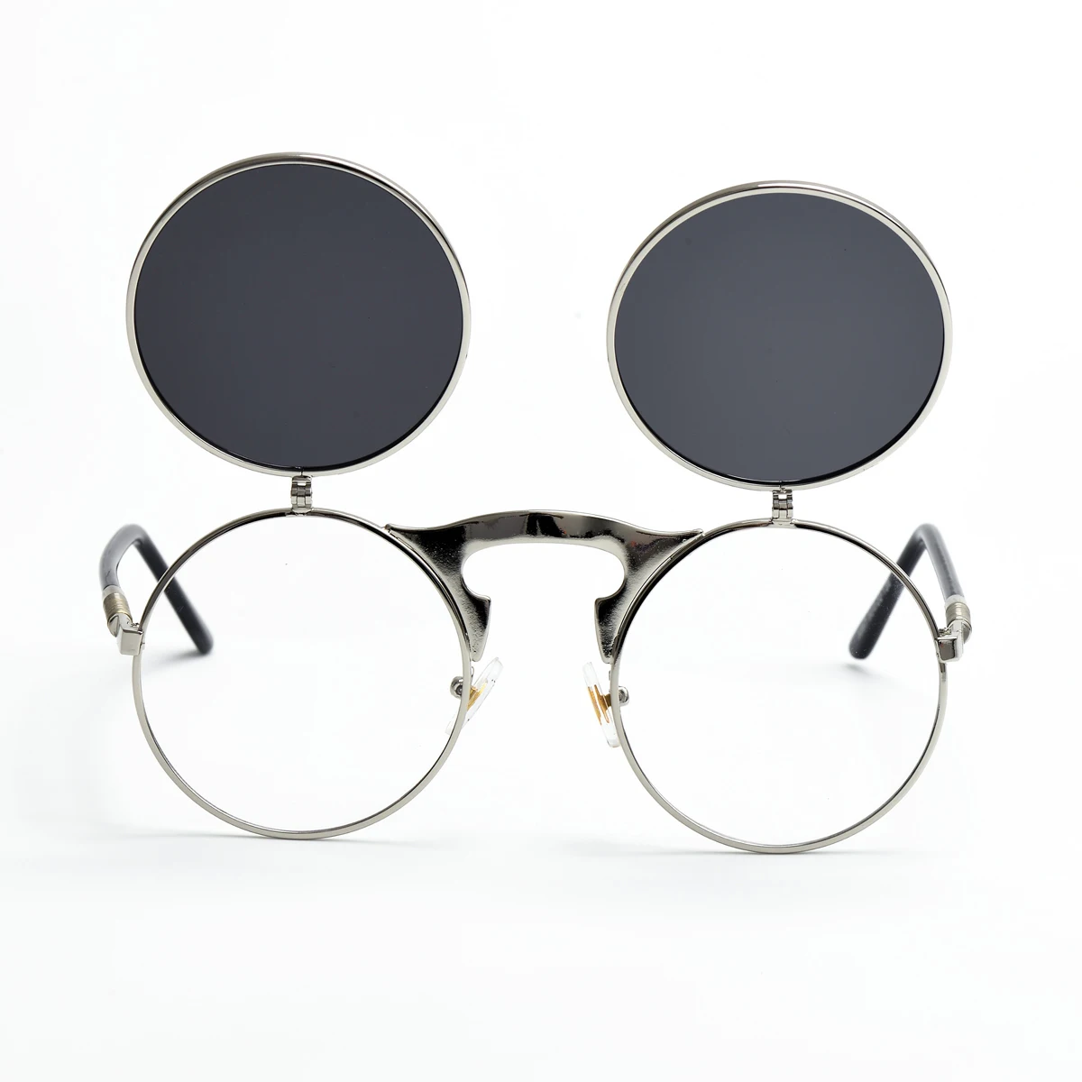 Dollger Steampunk Sonnenbrille – Rund, Flip-up Linsen, Metallrahmen Retro