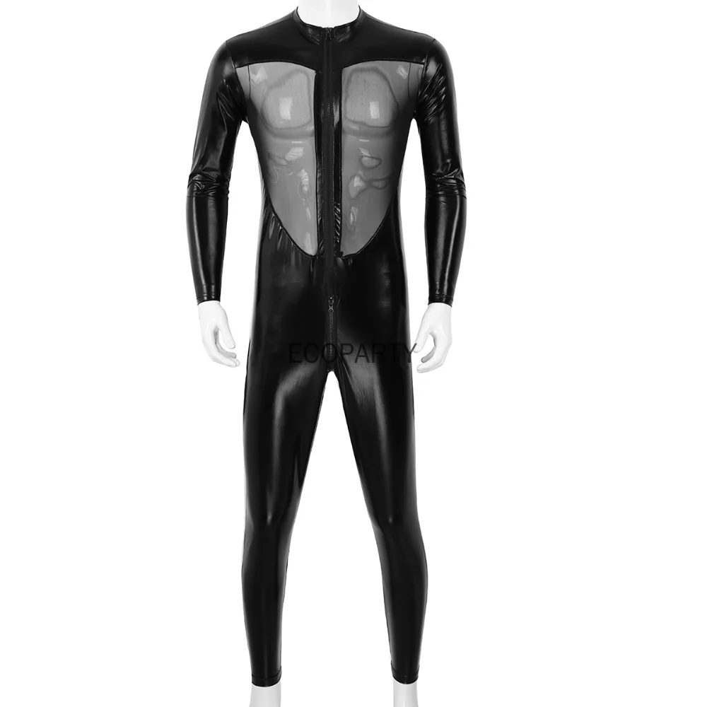 Men Faux Leather Stretch Catsuit Sexy Transparent Mesh Zipper Open Crotch Erotic Tight PVC Bodysuit Fetish Costumes