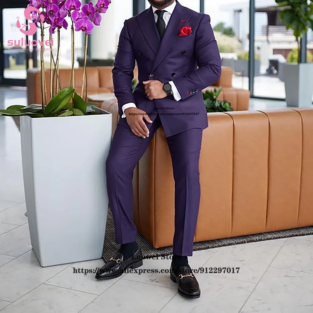 Fashion Purple Double Breasted Tuxedo Slim Fit 2 Piece Jacket Pants Set Peaked Lapel Blazer Formal Grooms Wedding Suits For Mens