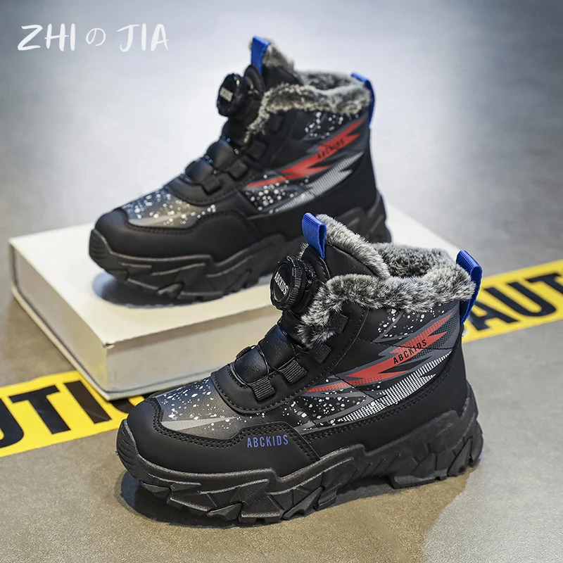 Winter High Top Rotary Buckle Plush Shoes Children\'s New Anti Slip Durable Snow Boots Boys and Girls Fashion Casual Warm Shoes